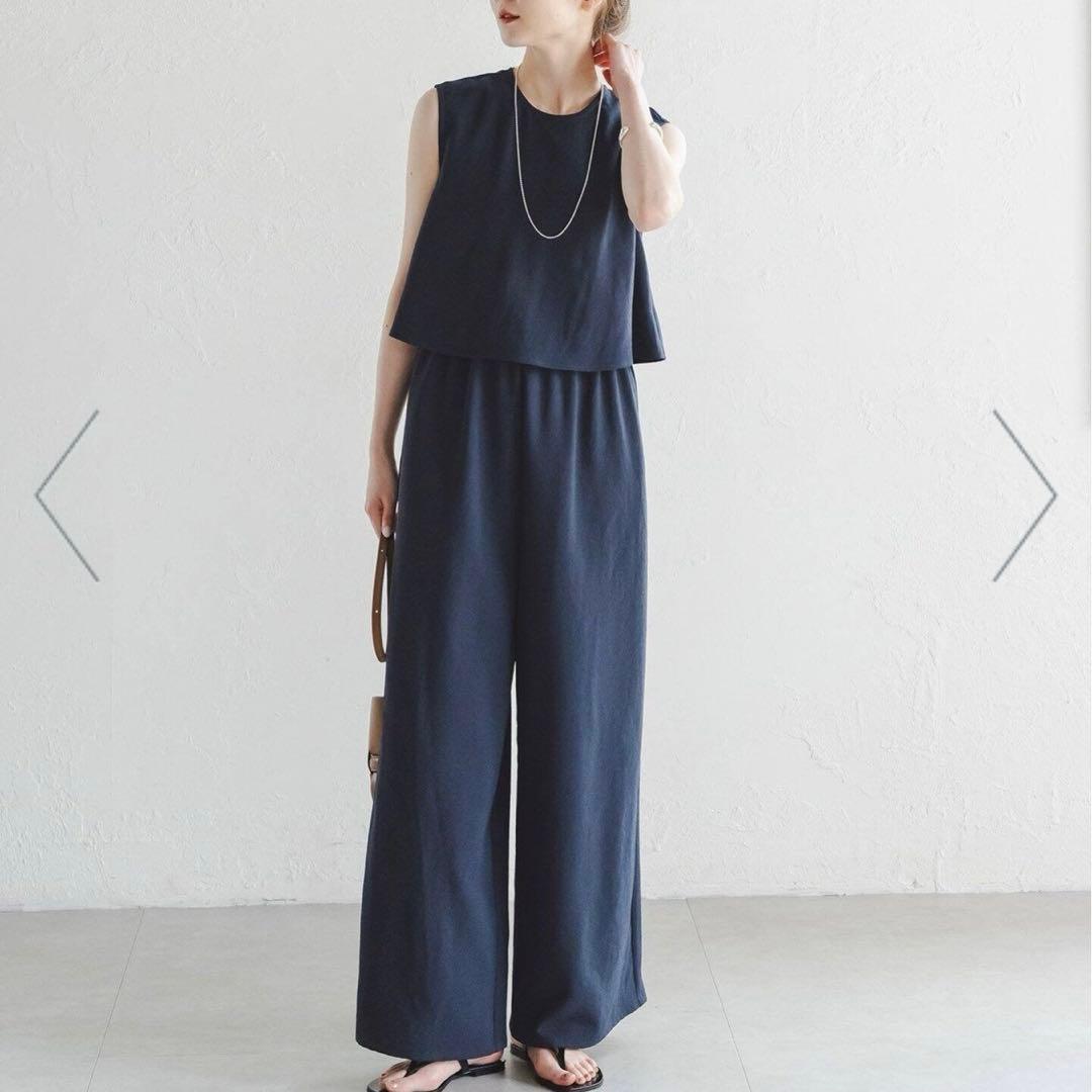 【新品未使用】 NOBLE ダブルクレープスリーブレスオールインワン 紺