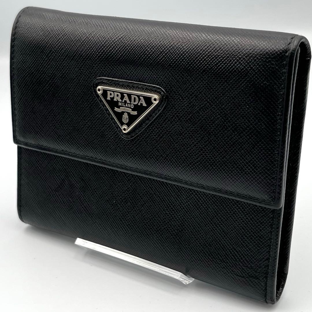 美品✨PRADA 三つ折り財布 黒　サフィアーノレザー　三角　トライアングル