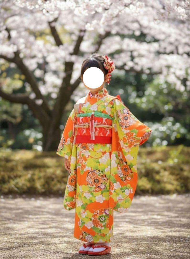 髪飾り付！　七五三　7歳　女の子着物　フルセット オレンジ緑 100~120cm