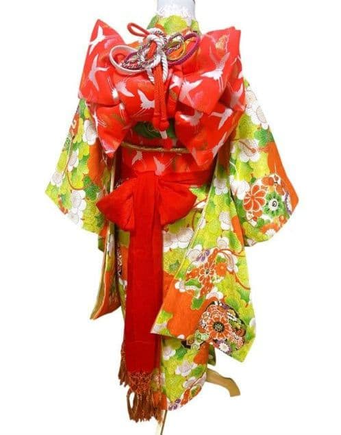 髪飾り付！　七五三　7歳　女の子着物　フルセット オレンジ緑 100~120cm
