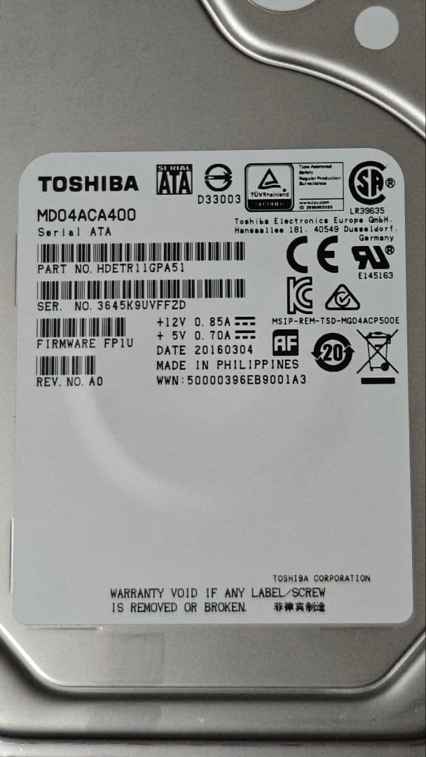 ★中古品★TOSHIBA MD04ACA400 4000GB HDD
