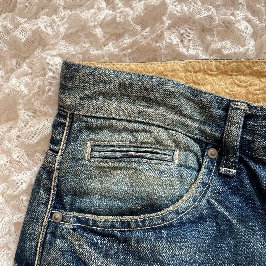 ミナペルホネンalwaysデニムパンツ 大きいサイズ40蝶々 ダメージデニム青