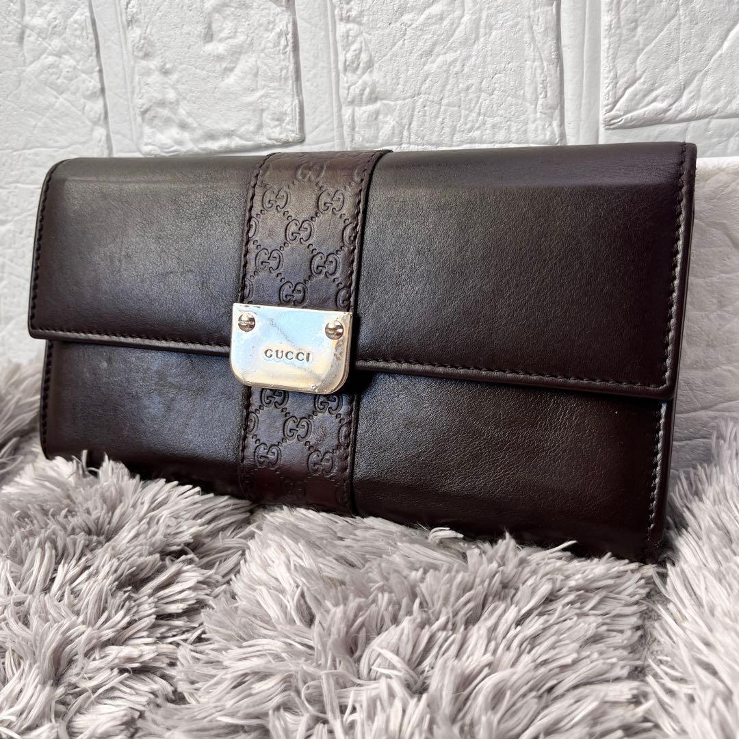 良品✨GUCCI マイクロシマ　レザー　ダークブラウン　シルバーロゴ　長財布