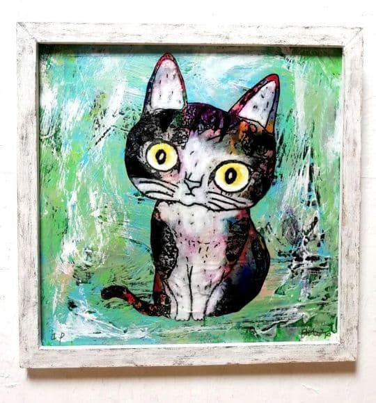 額付き銅版画応用絵画　title「お通りニャンコ」　「ひらめき猫」「フレブル」