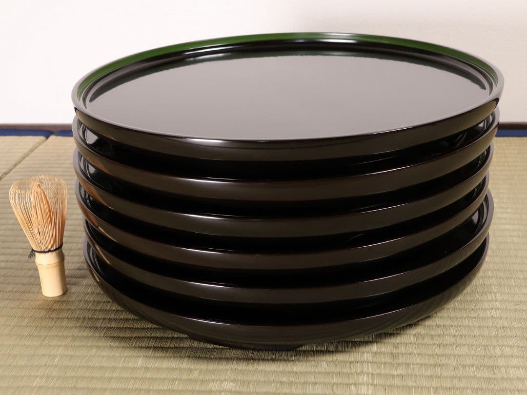 輪島塗 本堅地 黒塗 縁青漆 足付 丸膳 37.8cm 六客 木製【CM382