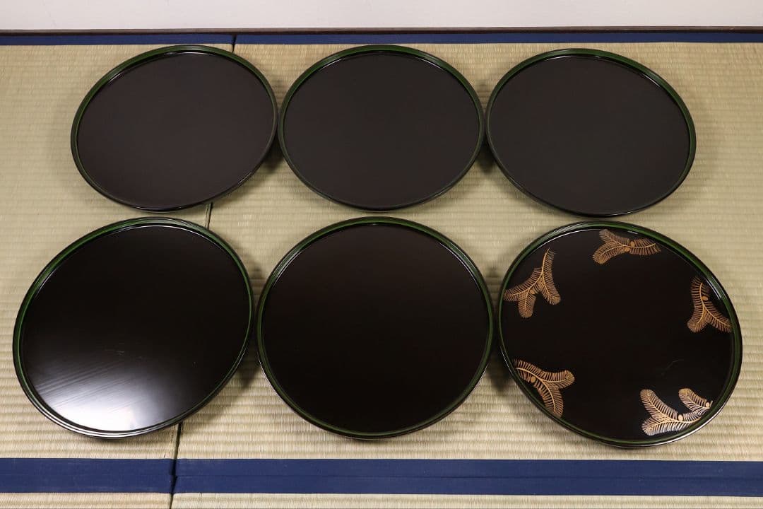 輪島塗 本堅地 黒塗 縁青漆 足付 丸膳 37.8cm 六客 木製【CM382