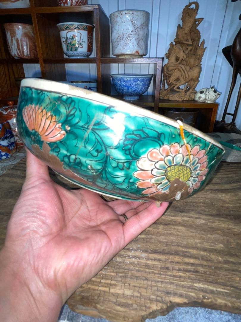 古美術　時代青手古九谷　山水楼閣人物文　鉢角福銘 骨董　博物館級