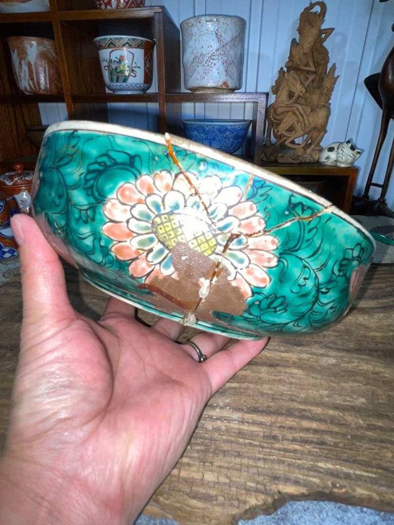 古美術　時代青手古九谷　山水楼閣人物文　鉢角福銘 骨董　博物館級