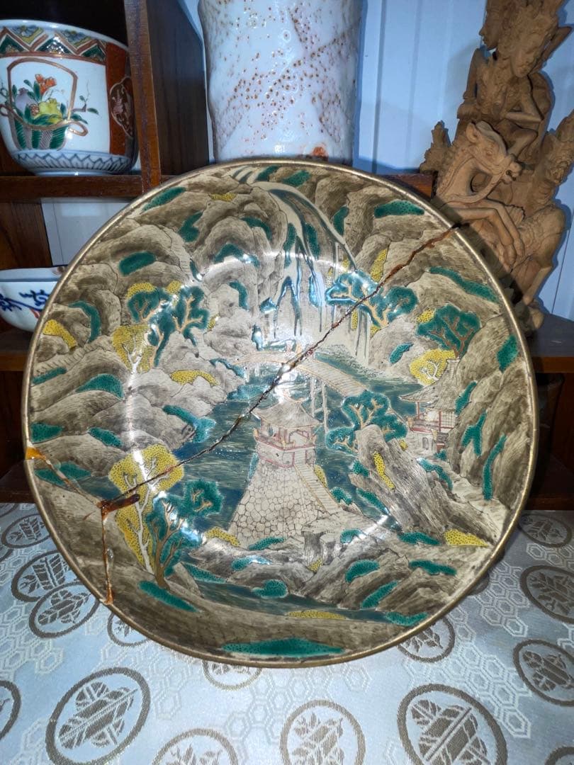 古美術　時代青手古九谷　山水楼閣人物文　鉢角福銘 骨董　博物館級