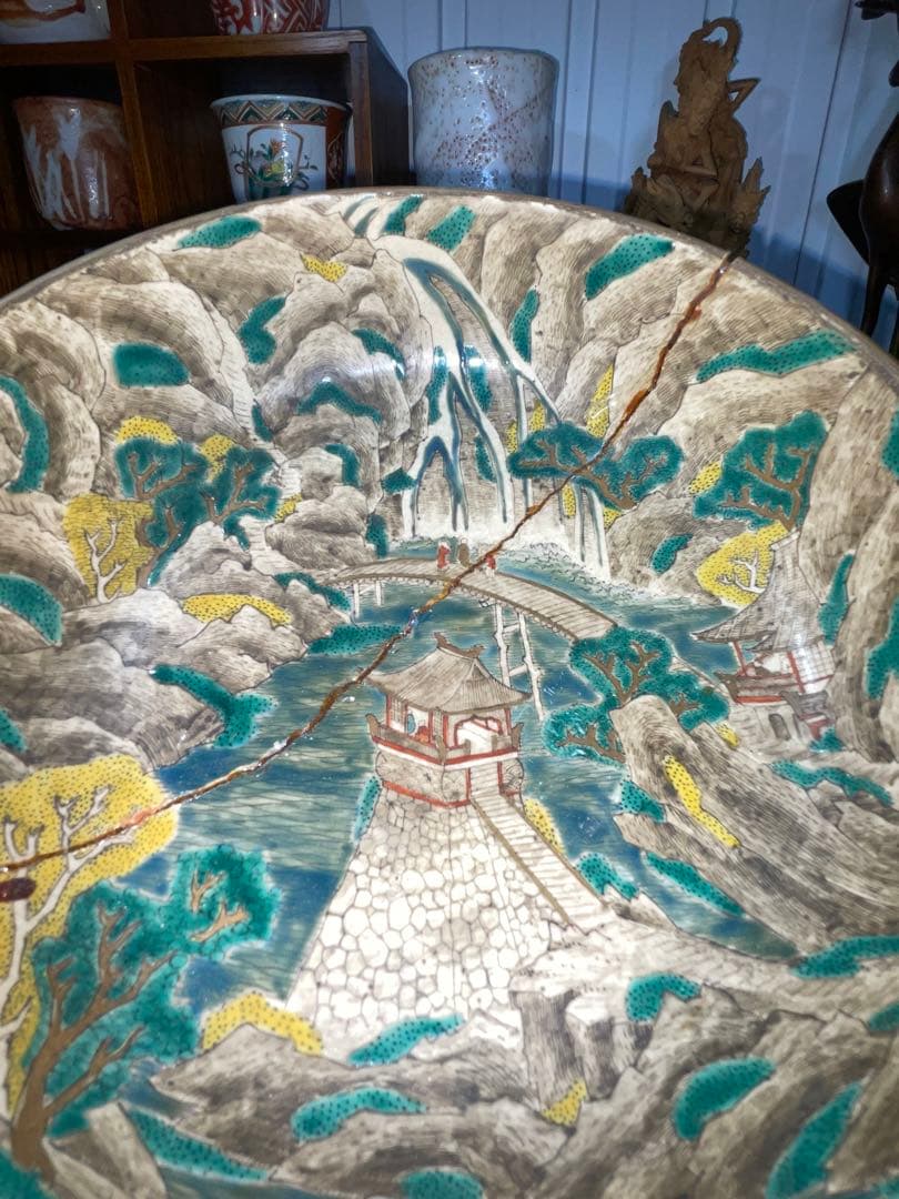 古美術　時代青手古九谷　山水楼閣人物文　鉢角福銘 骨董　博物館級