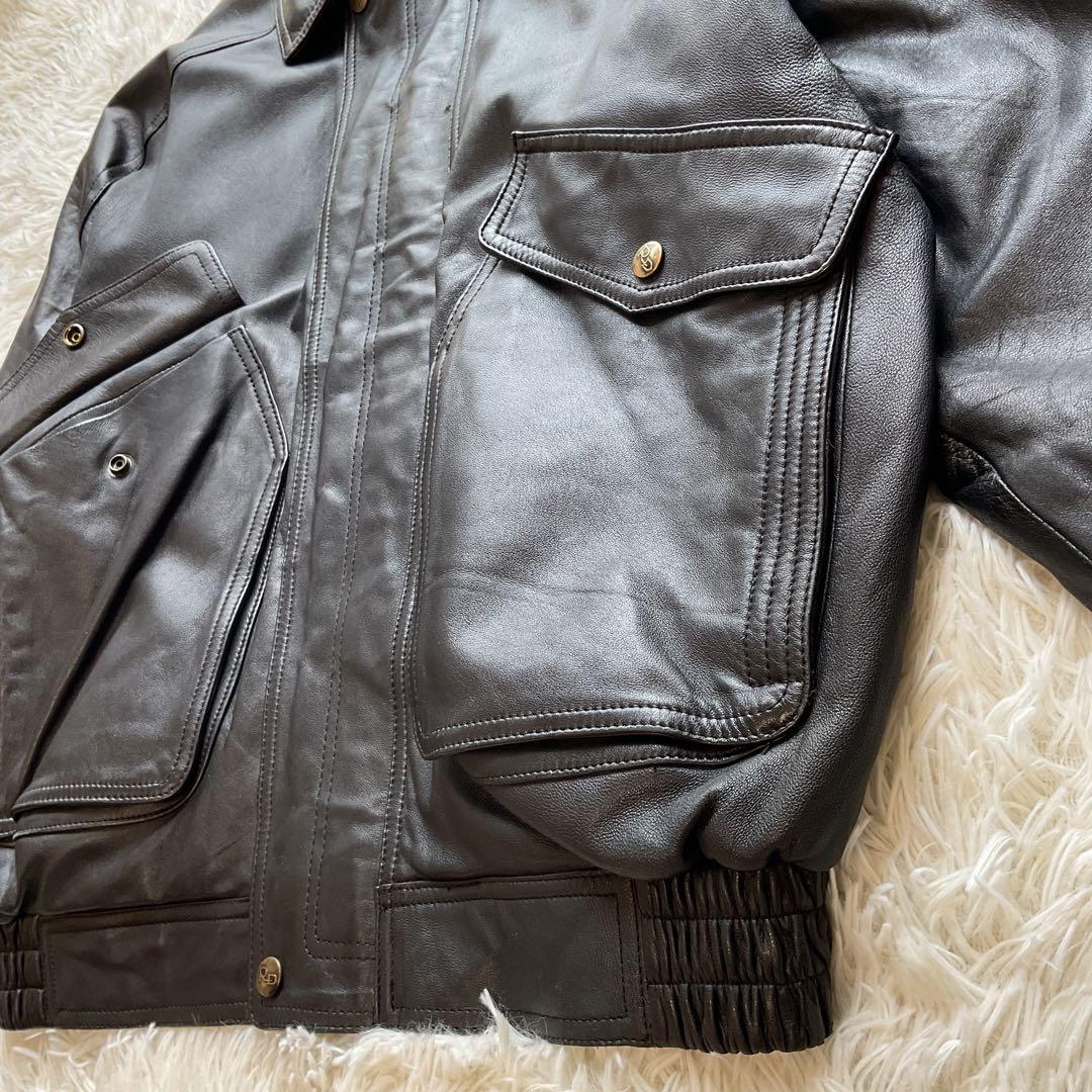美品✨90's レザージャケット　本革　ボンバー　ブラック　襟付 大きい　XL
