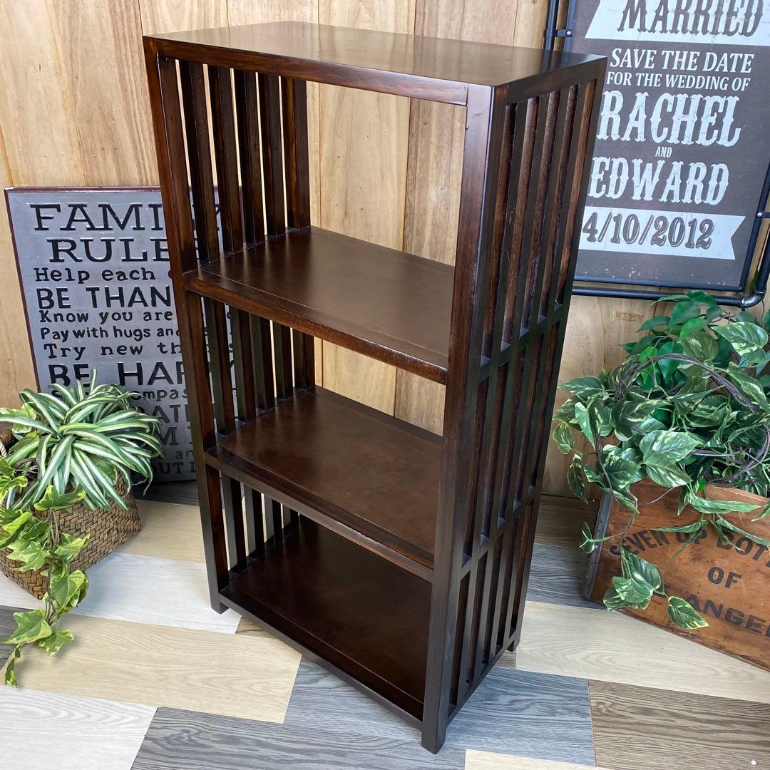 アジアンエスニック木製天然無垢材格子ラックシェルフ三段木製飾り棚和室和風