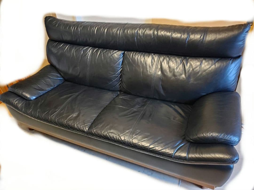 3人掛け 革張り 本皮 牛革 レザー ソファ ブラック ハイバック 190cm