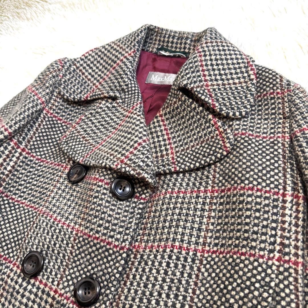 【美品】マックスマーラ ウールコート ビッグカラー ダブル 銀タグ 　ツイード