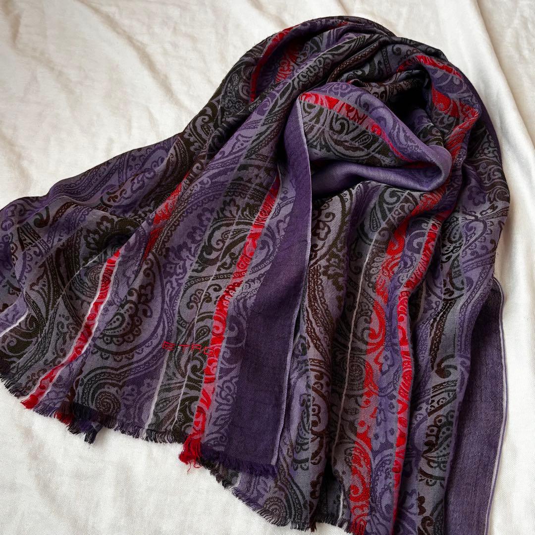 エトロ 高級感 高見え ペイズリー 刺繍入り大判ストール シルク混 パープル