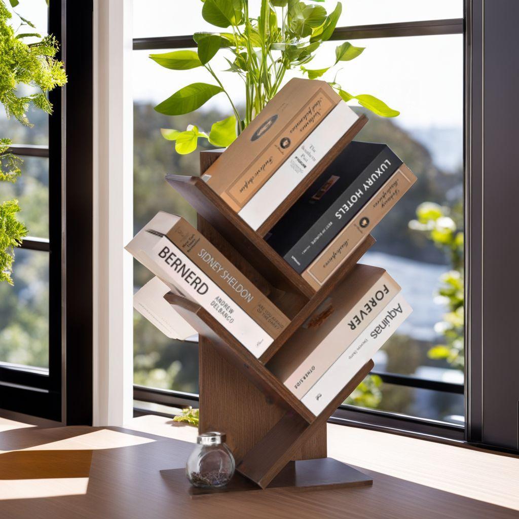 ブックスタンド 木製 本棚 ツリー型デスク上置収納ラック