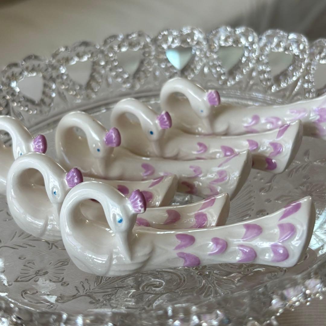 フランスアンティーク カトラリーレスト ピンク色の羽のクジャク 6個セット