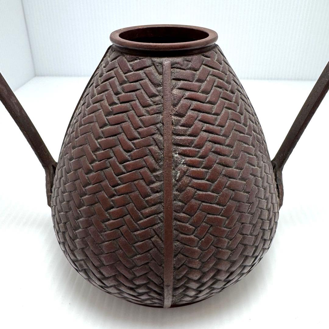 銅器 網代 手付花器 花入れ 花籠 花瓶 竹編籠 骨董品 伝統工芸
