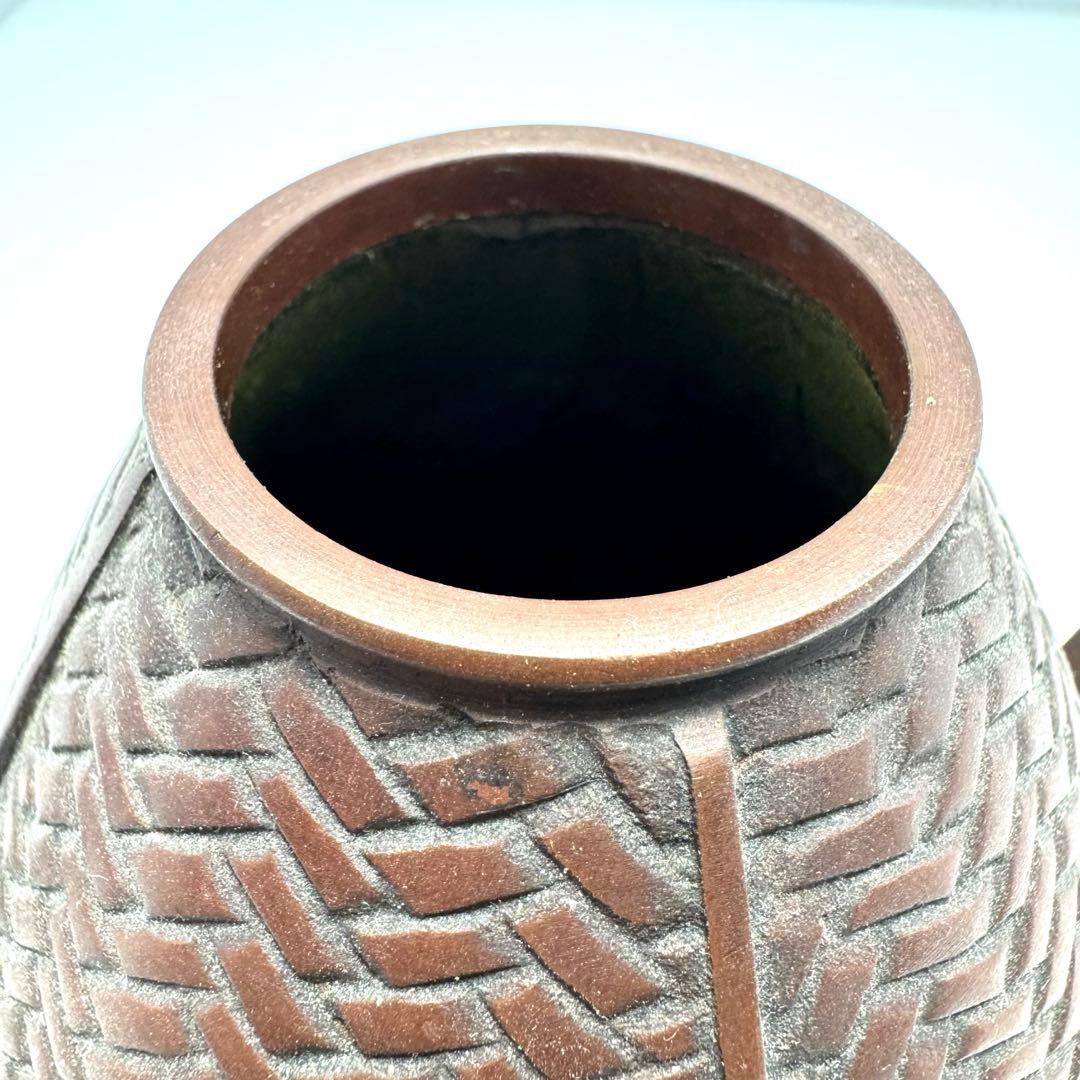 銅器 網代 手付花器 花入れ 花籠 花瓶 竹編籠 骨董品 伝統工芸