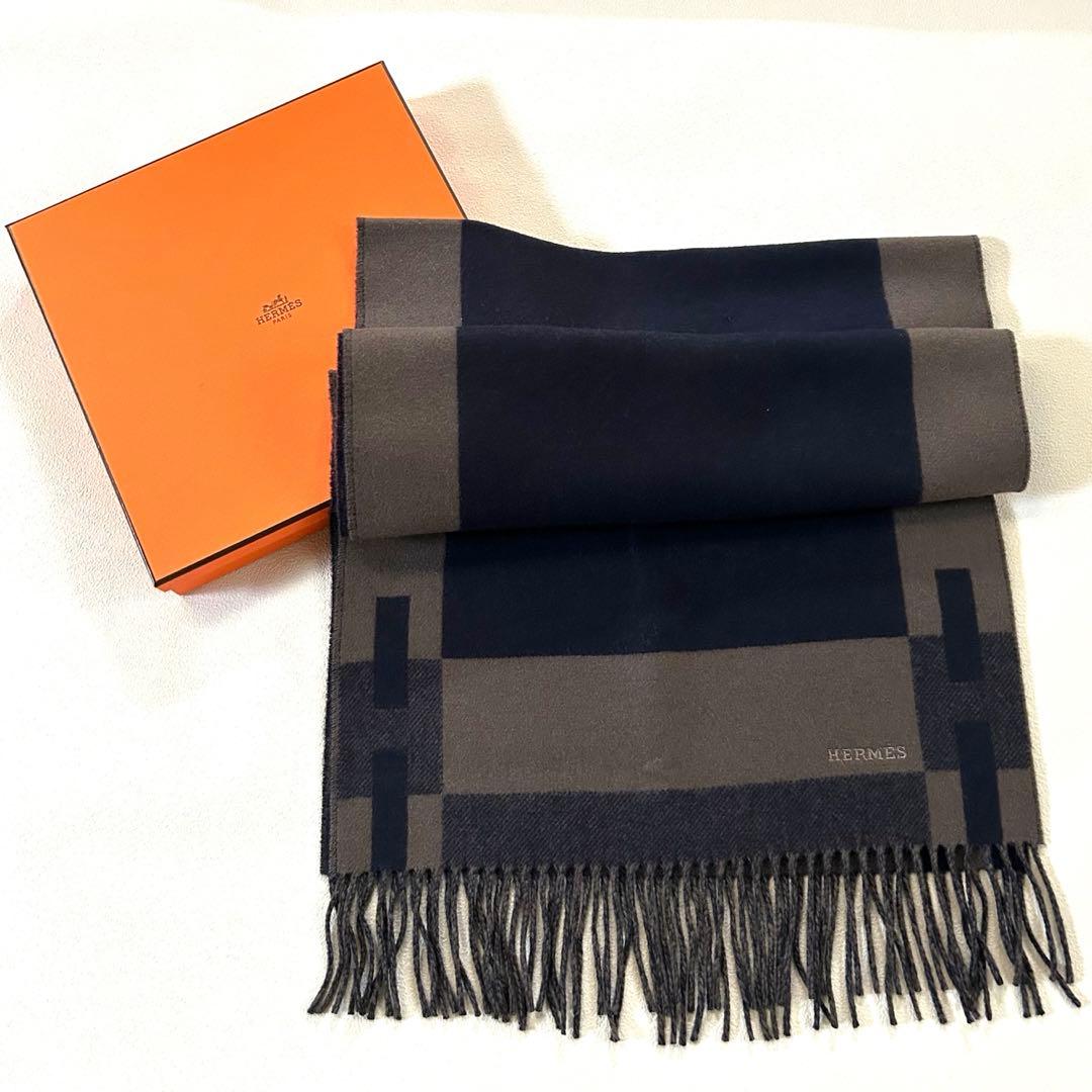 極美品✨エルメス Hパッサン カシミヤ マフラー ロゴ刺繍 ユニセックス 付属品