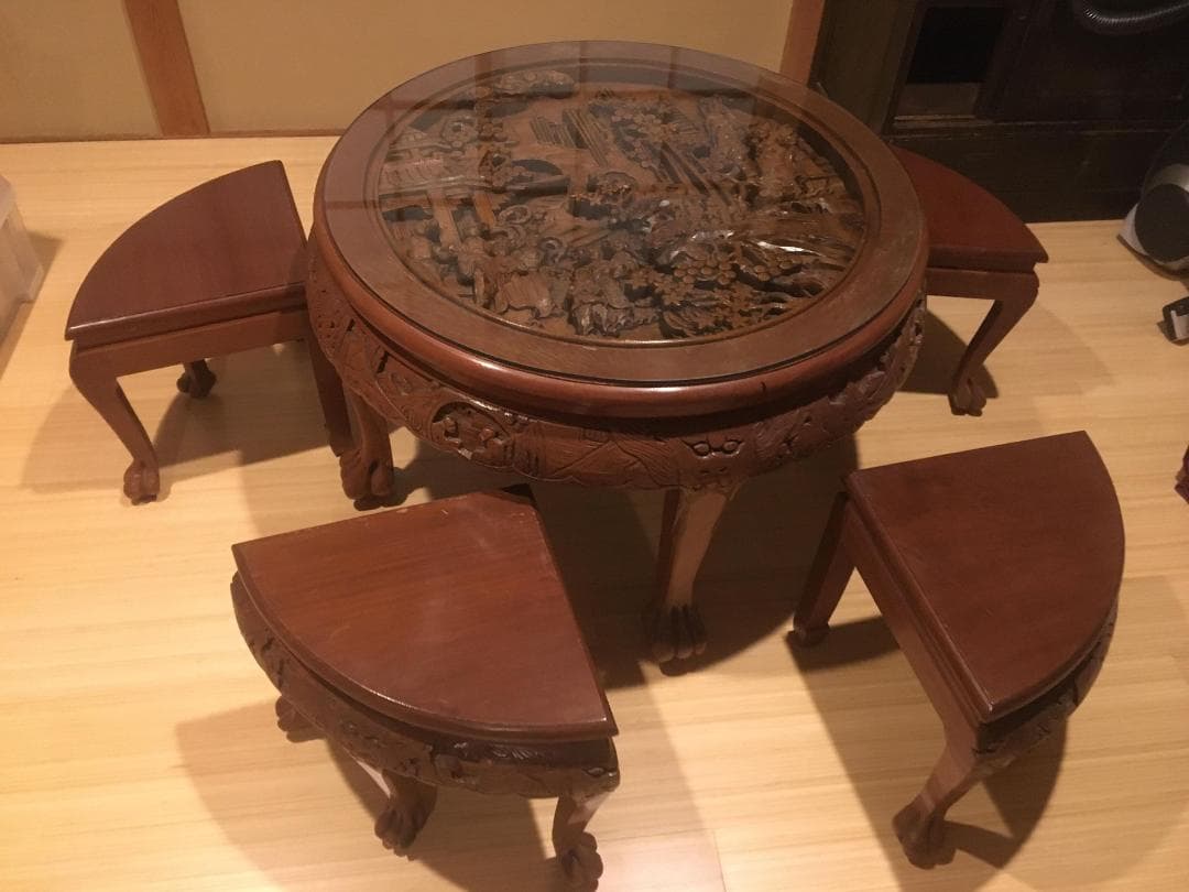 【アンティーク】中国彫木製　テーブル&椅子セット