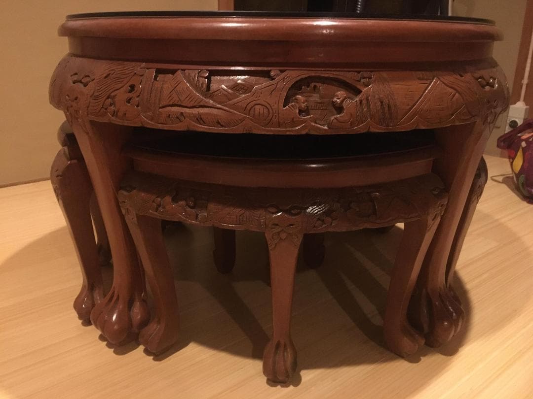 【アンティーク】中国彫木製　テーブル&椅子セット