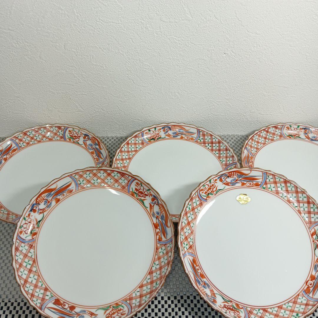 清水焼 赤絵格子花鳥六寸皿 お皿 菓子皿 盛り皿 5枚セット