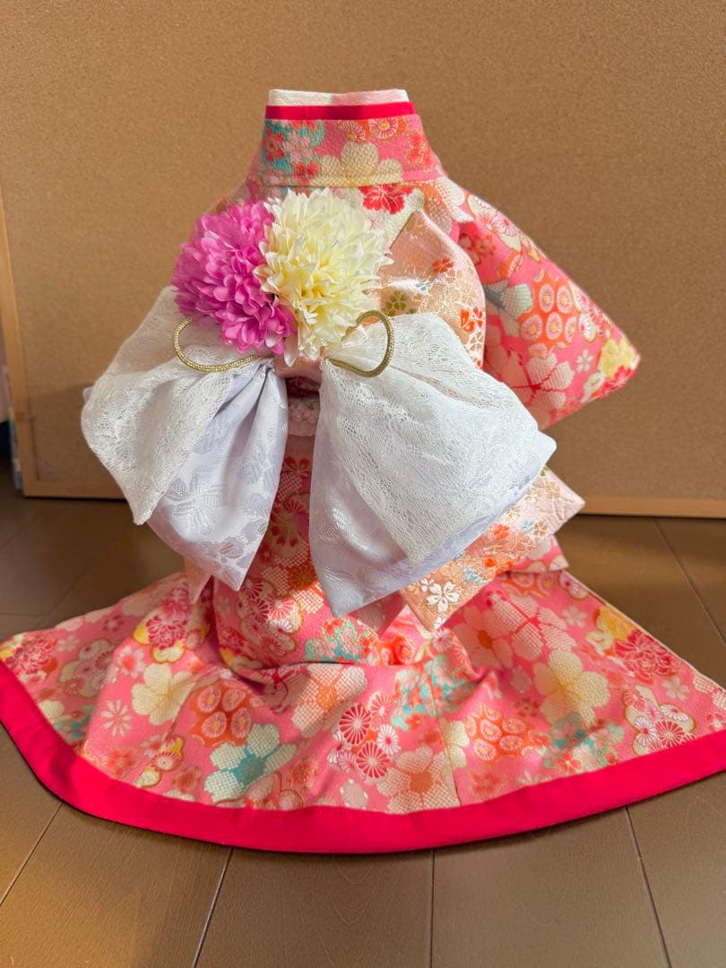 わんちゃん女の子　引きずり大振袖　ピンク花柄　Sサイズ