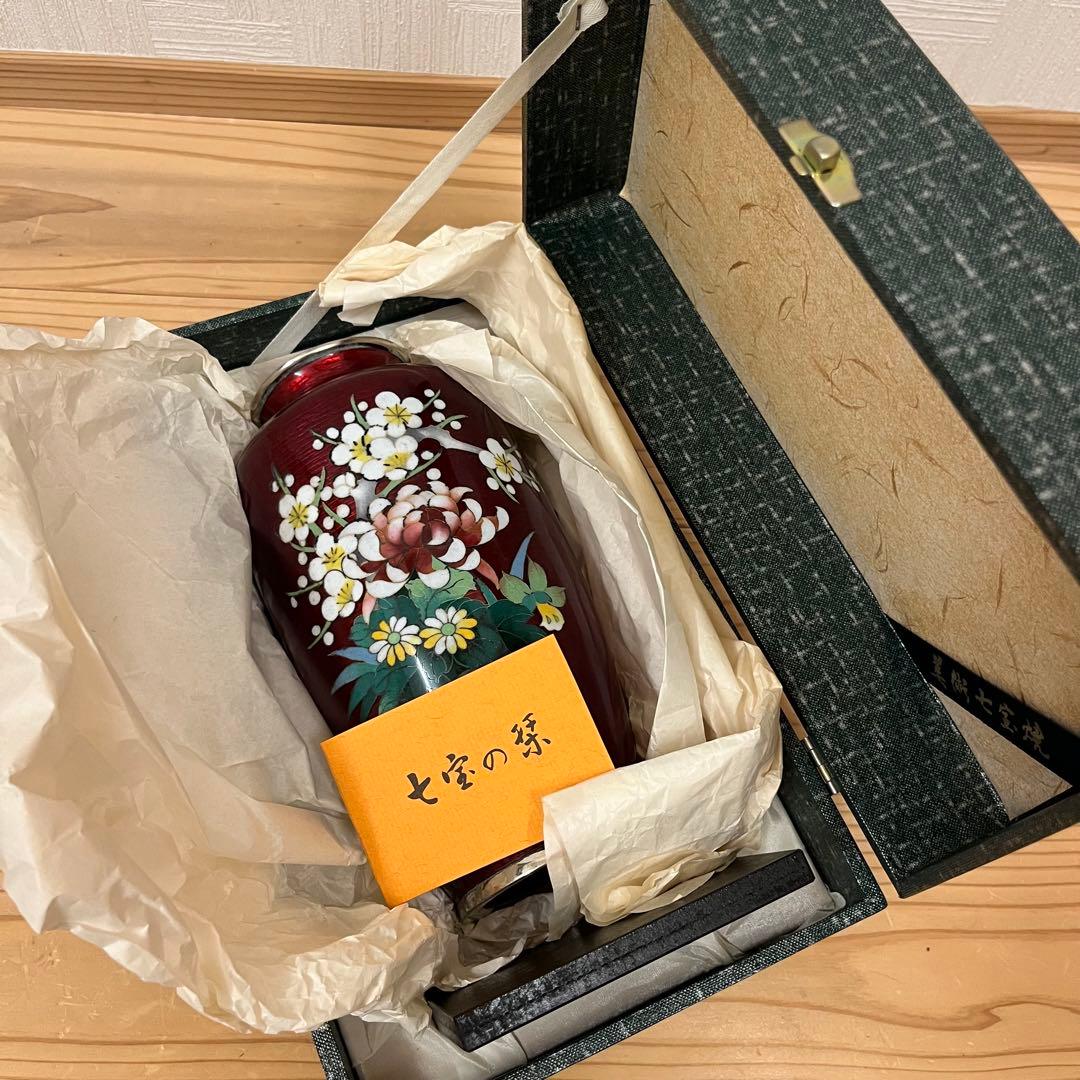 七宝焼　赤透　四君子文　花瓶