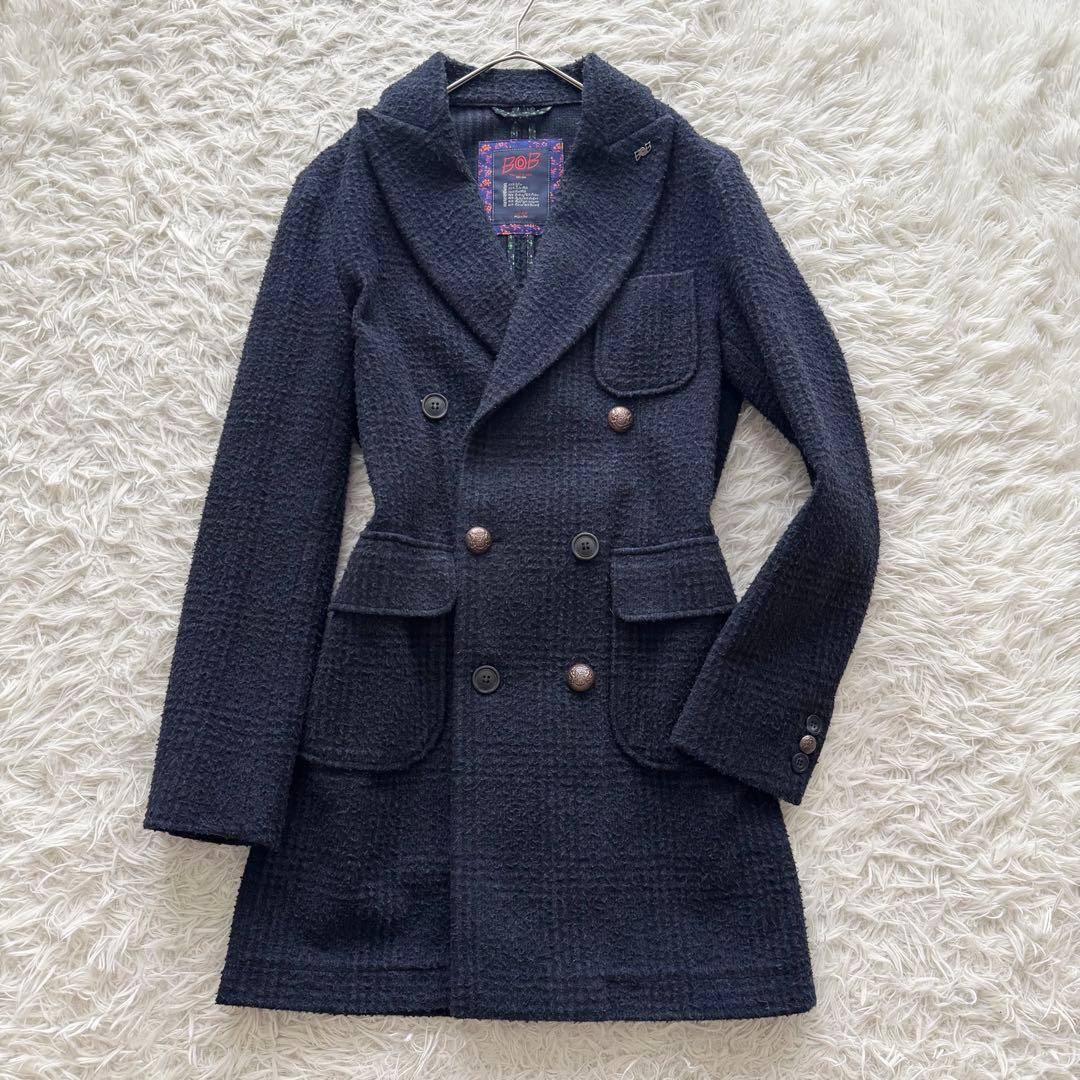 【BOB ボブ】チェスターコート　ロング　ダブル　チェック柄　紺 金ボタン　M
