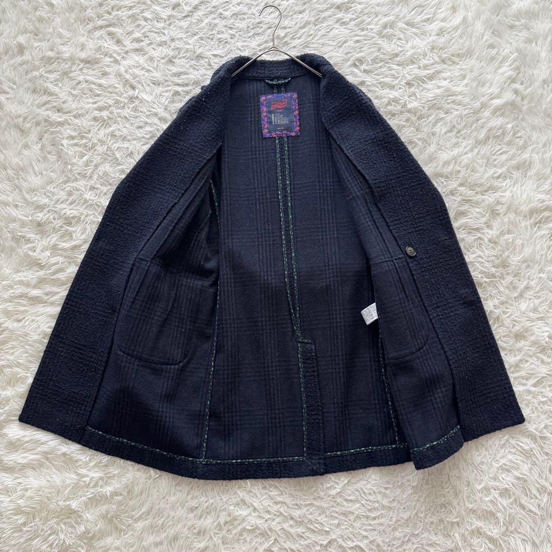 【BOB ボブ】チェスターコート　ロング　ダブル　チェック柄　紺 金ボタン　M