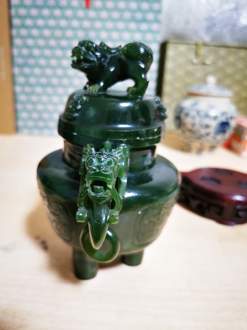 翡翠 硬玉 龍の香炉 中国古玩