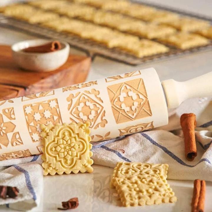 エンボスローラー　四角柄　木製麺棒　花柄　クッキー　クッキング　ハロウィン