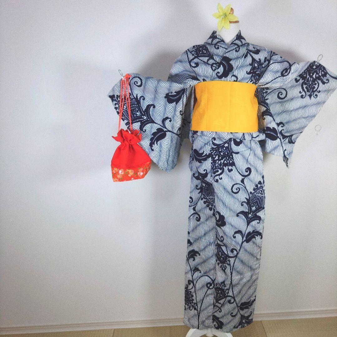 レトロ　浴衣　セット　140cm　女の子　作り帯　黄色　髪飾り　巾着　赤