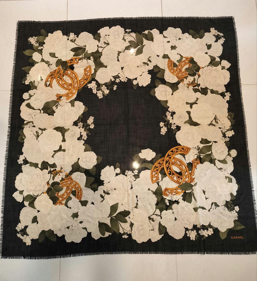 【美品】CHANELシャネル カメリア カシミヤシルク大判ストール