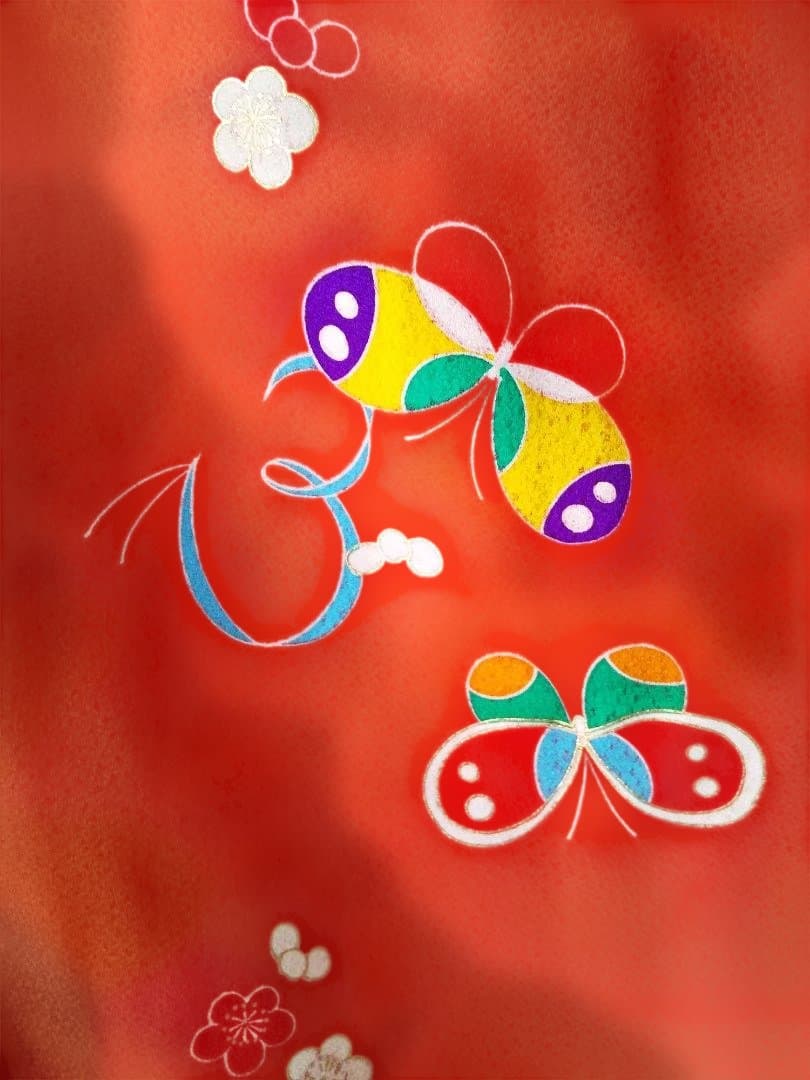 朱赤蝶柄着物　小物付きフルセット　正絹　7歳