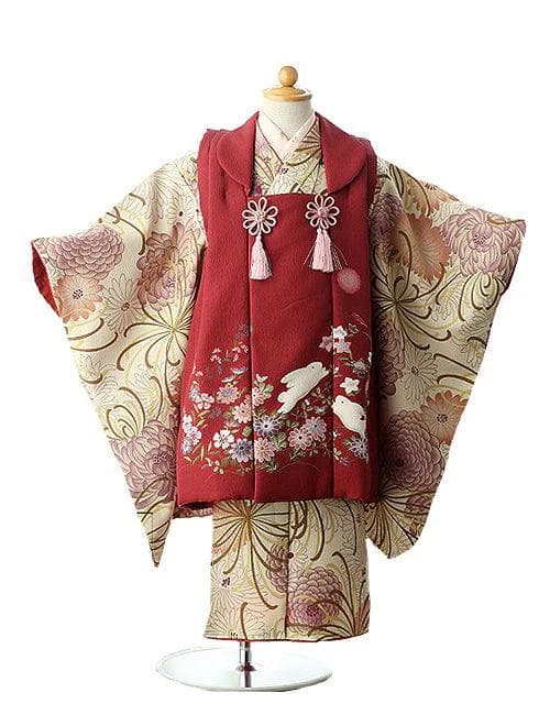 コムサデモード　七五三　女の子　３歳　着物　被布　クリーム×赤