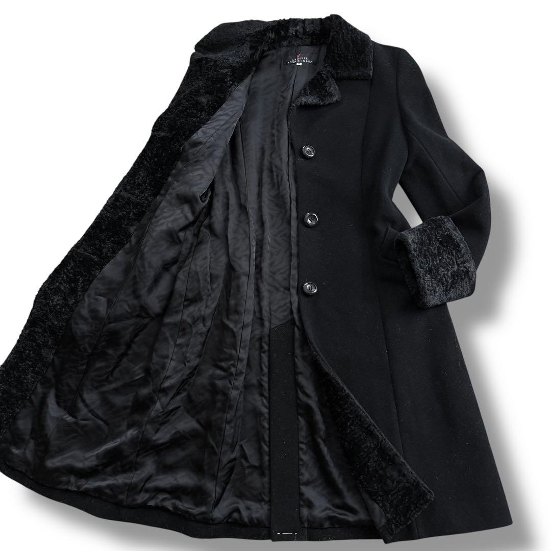 【美品】レキップ ヨシエイナバ カシミヤ混 ロングコート ベロア切り替え 黒 M