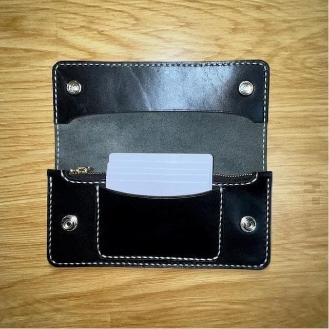 ロングトラッカーウォレット/栃木レザー/黒色/ステッチ白色/フルハンドメイド