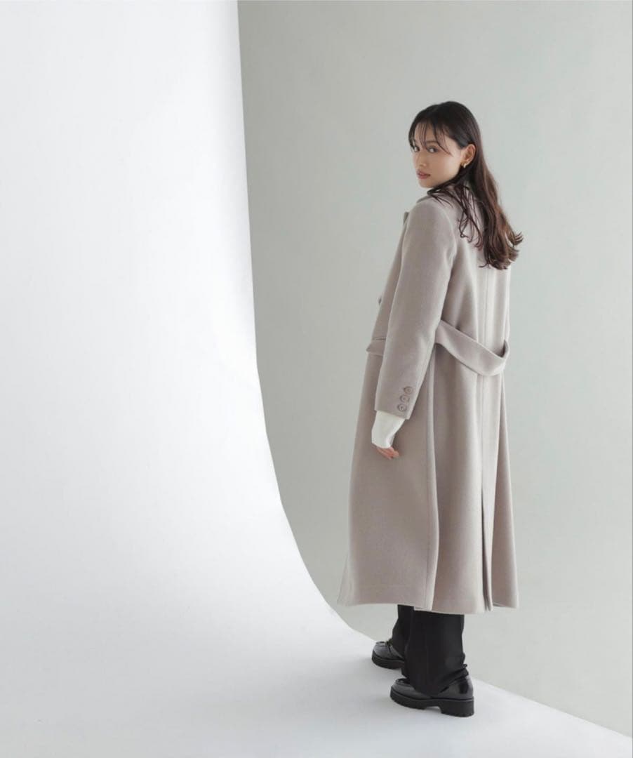 新品　ウール90% ベージュ ダブルブレスト ロングコート ウールジャケット