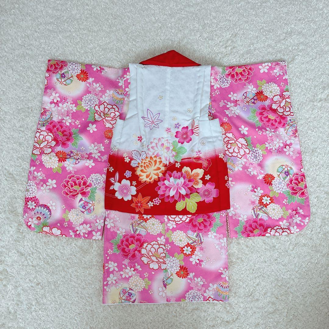 七五三 3歳 女の子 着物 被布セット ピンク 花柄 チェック