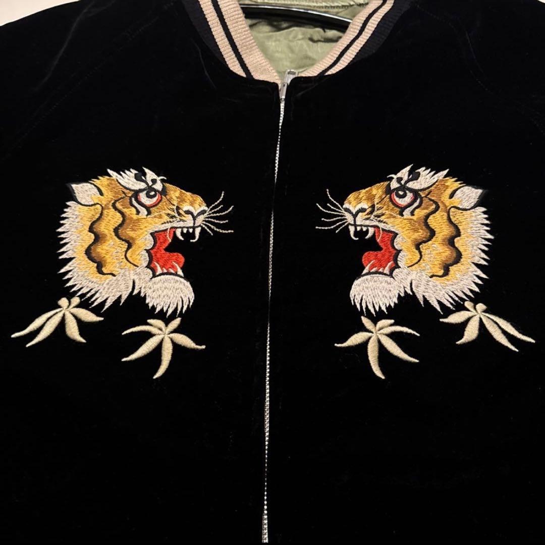 【2XL】リバーシブル別珍虎とサテン鷹刺繍 Japanスカジャン