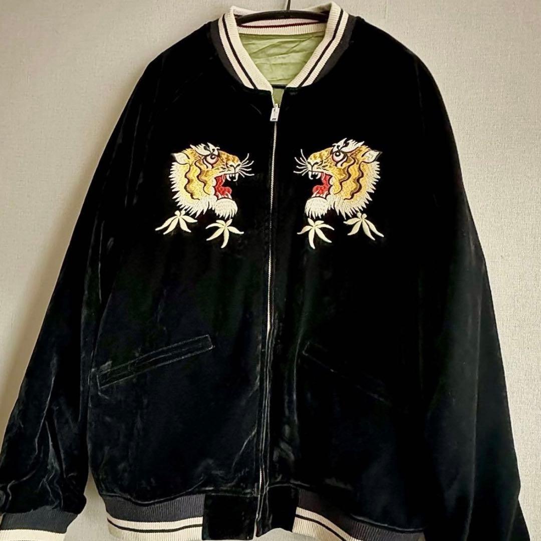 【2XL】リバーシブル別珍虎とサテン鷹刺繍 Japanスカジャン