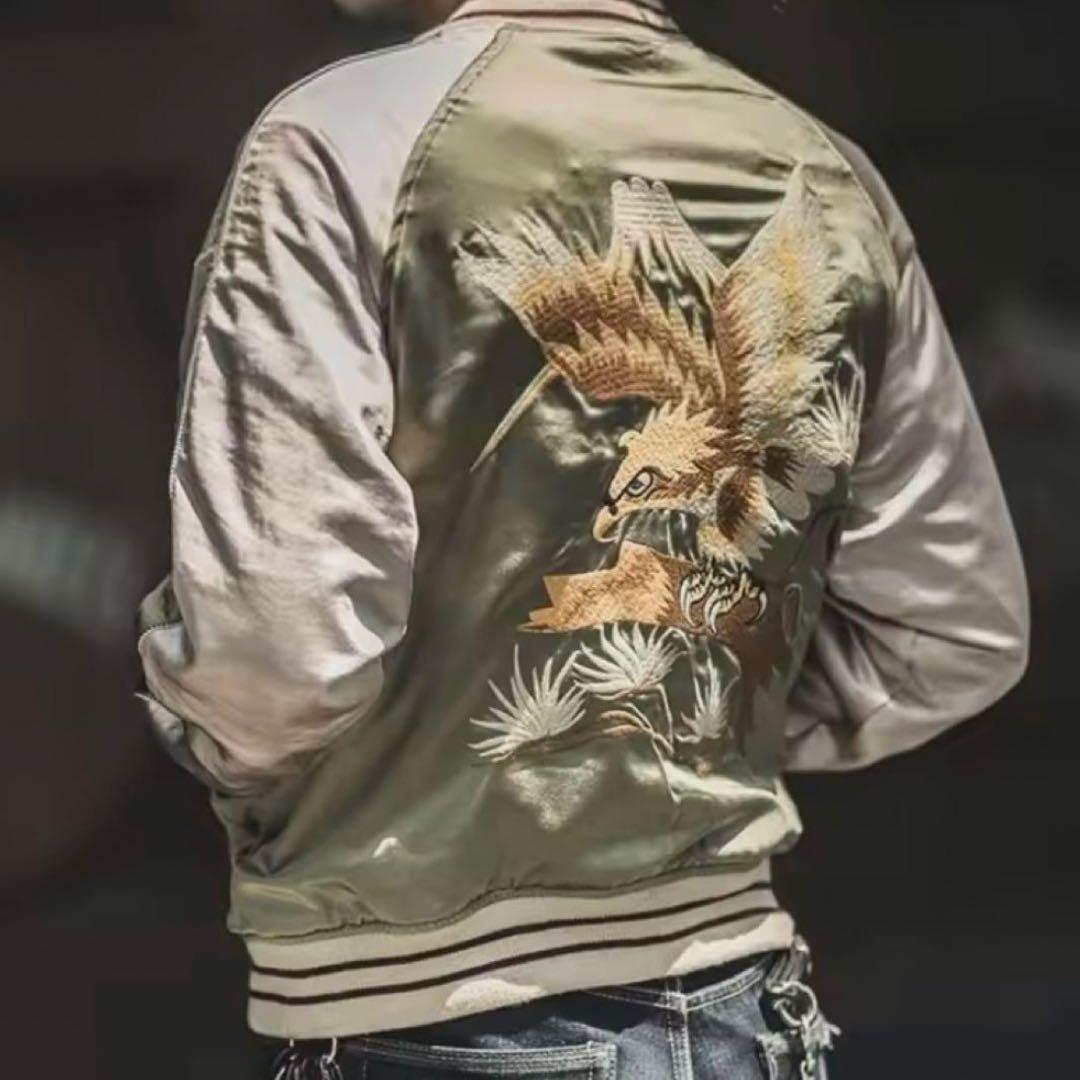 【2XL】リバーシブル別珍虎とサテン鷹刺繍 Japanスカジャン