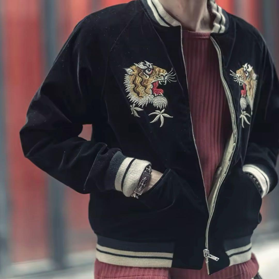 【2XL】リバーシブル別珍虎とサテン鷹刺繍 Japanスカジャン