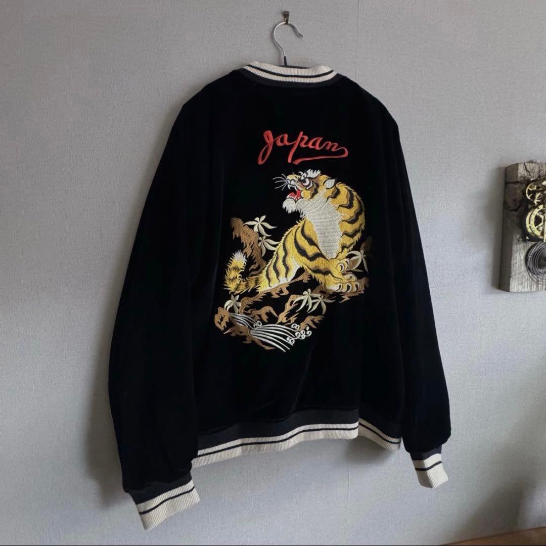 【2XL】リバーシブル別珍虎とサテン鷹刺繍 Japanスカジャン