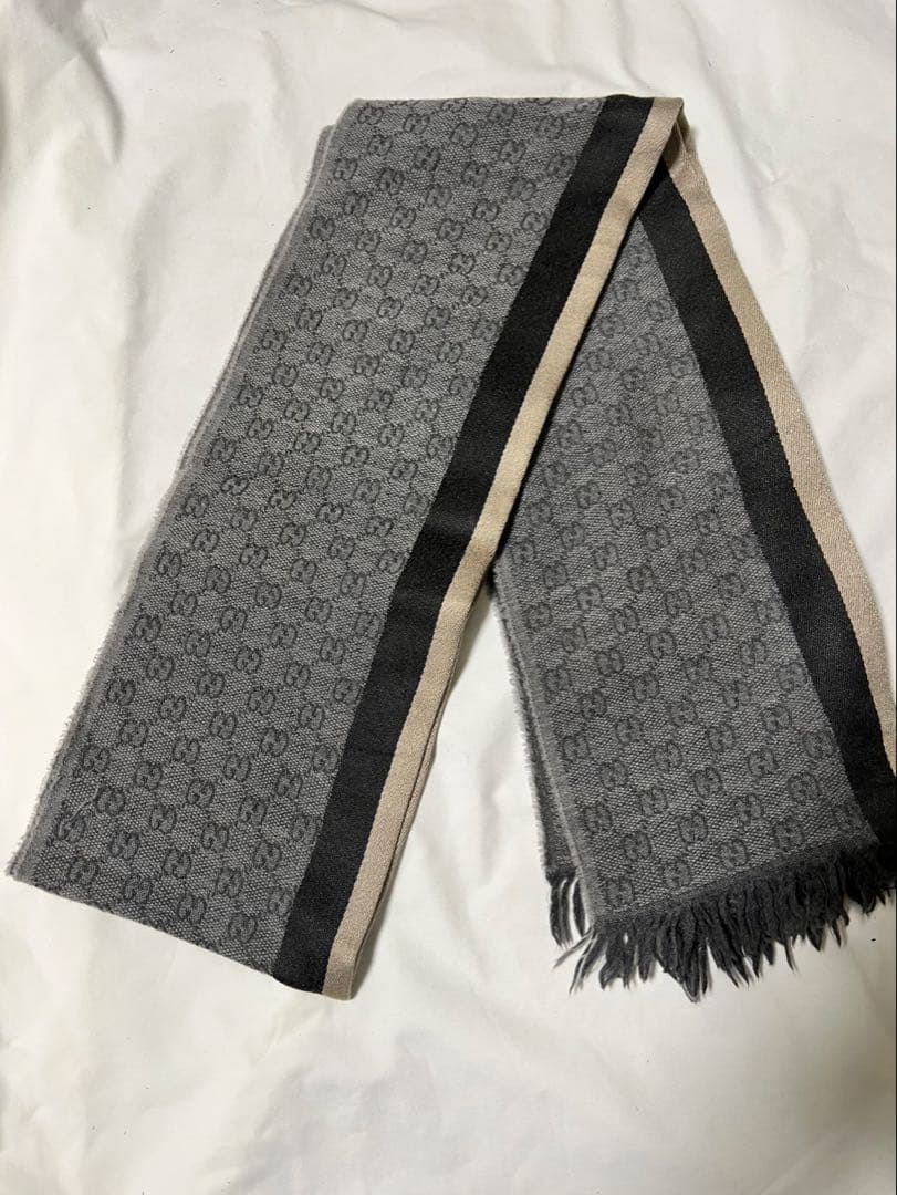 GUCCI グッチ マフラー グレー系 ストライプ GG柄 ウール メンズ