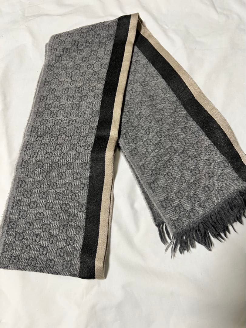 GUCCI グッチ マフラー グレー系 ストライプ GG柄 ウール メンズ