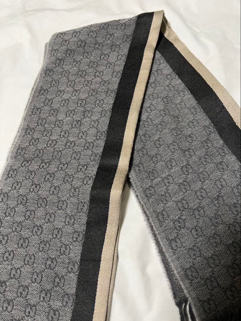 GUCCI グッチ マフラー グレー系 ストライプ GG柄 ウール メンズ