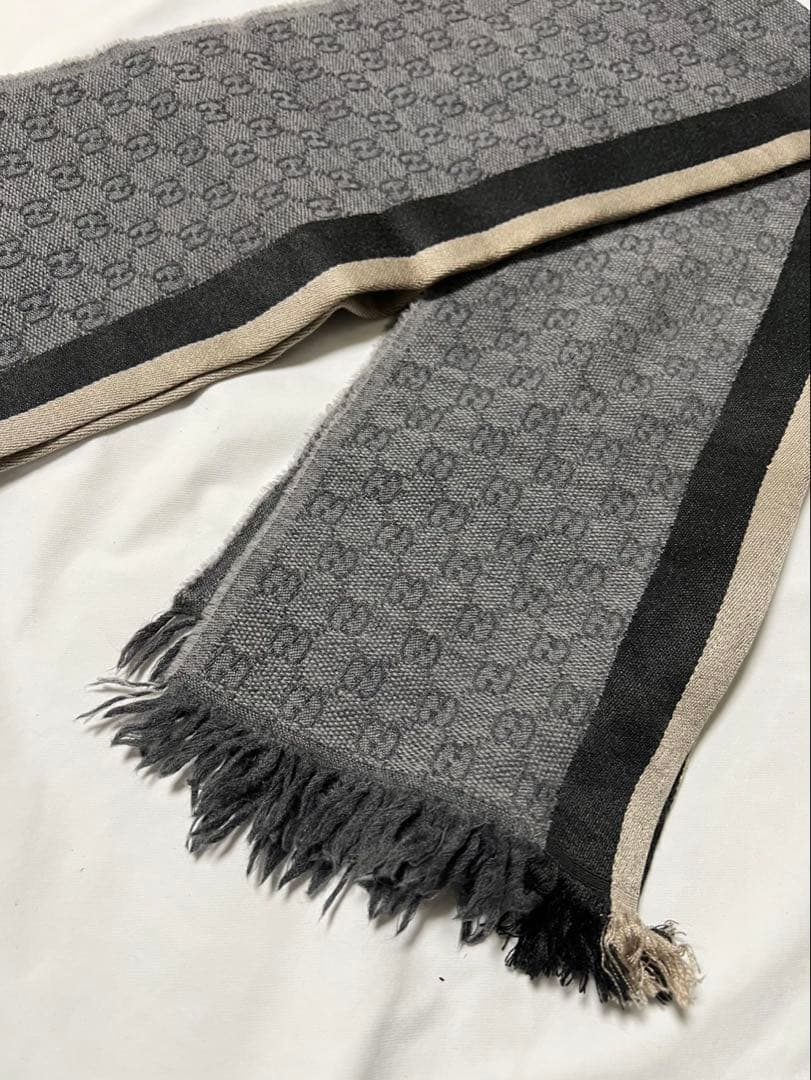 GUCCI グッチ マフラー グレー系 ストライプ GG柄 ウール メンズ